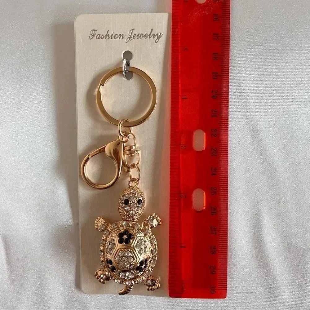 Turtle Key Chain Or Bag Charm Black/White Crystal Rhinestone Gold Tone Hardware - Picture 6 of 6